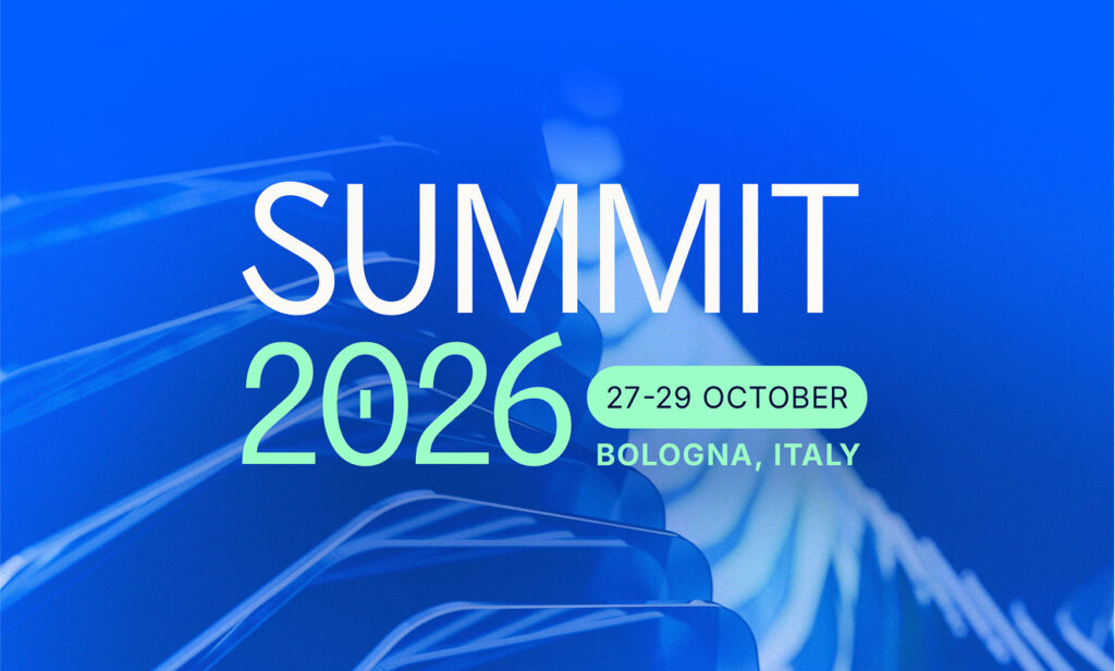 Summit 2026 banner with event dates 27-29 October and location Bologna, Italy, over a blue abstract background.