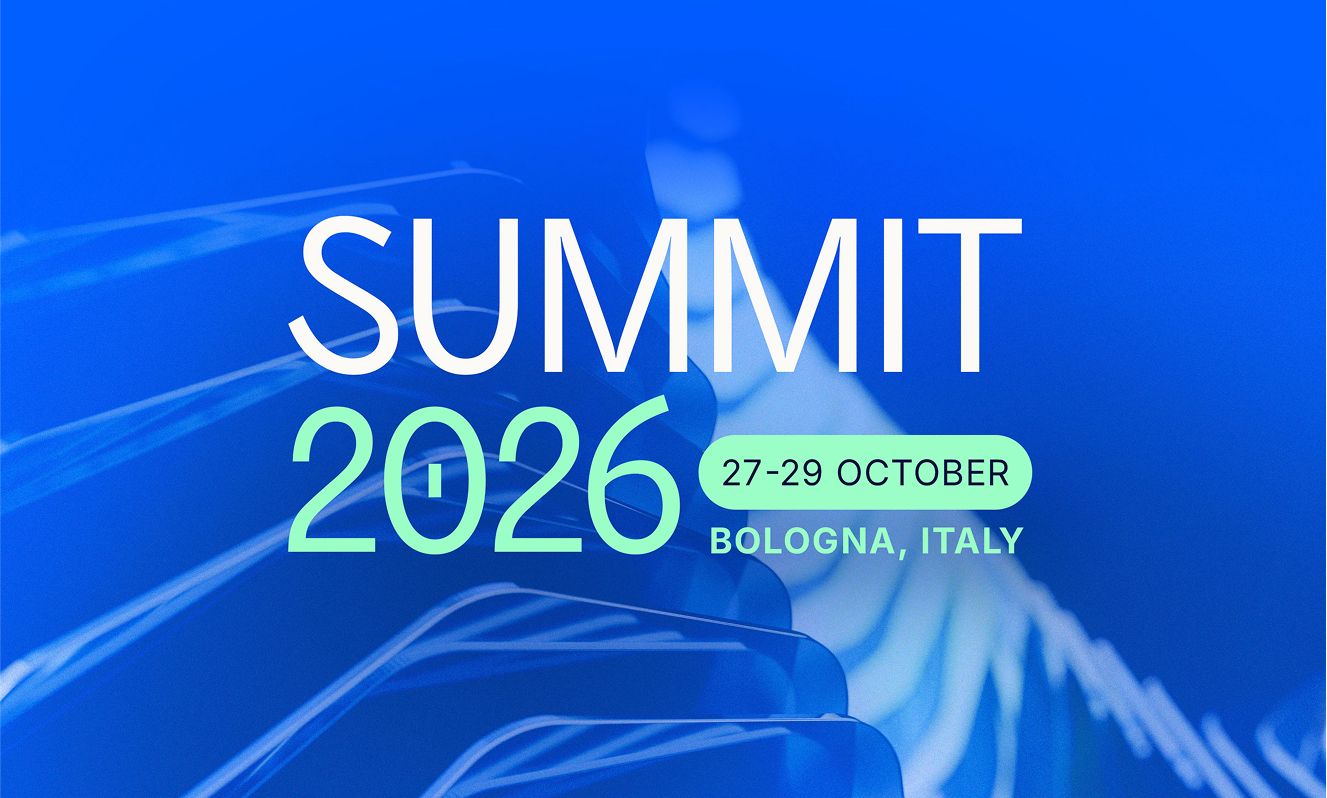 Summit 2026 banner with event dates 27-29 October and location Bologna, Italy, over a blue abstract background.