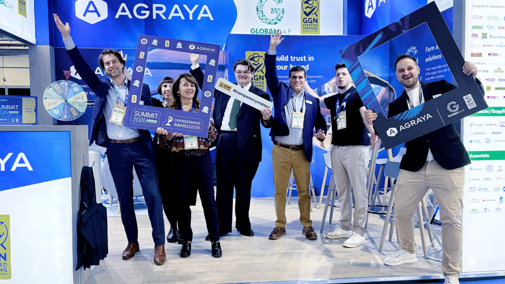 Agraya team pose at their booth at Seafood Expo Global in Barcelona, Spain, April 2026.