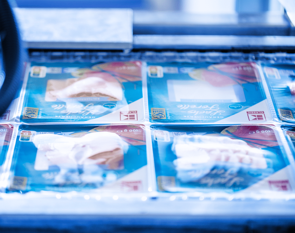 Image of packaged products in a supermarket fridge