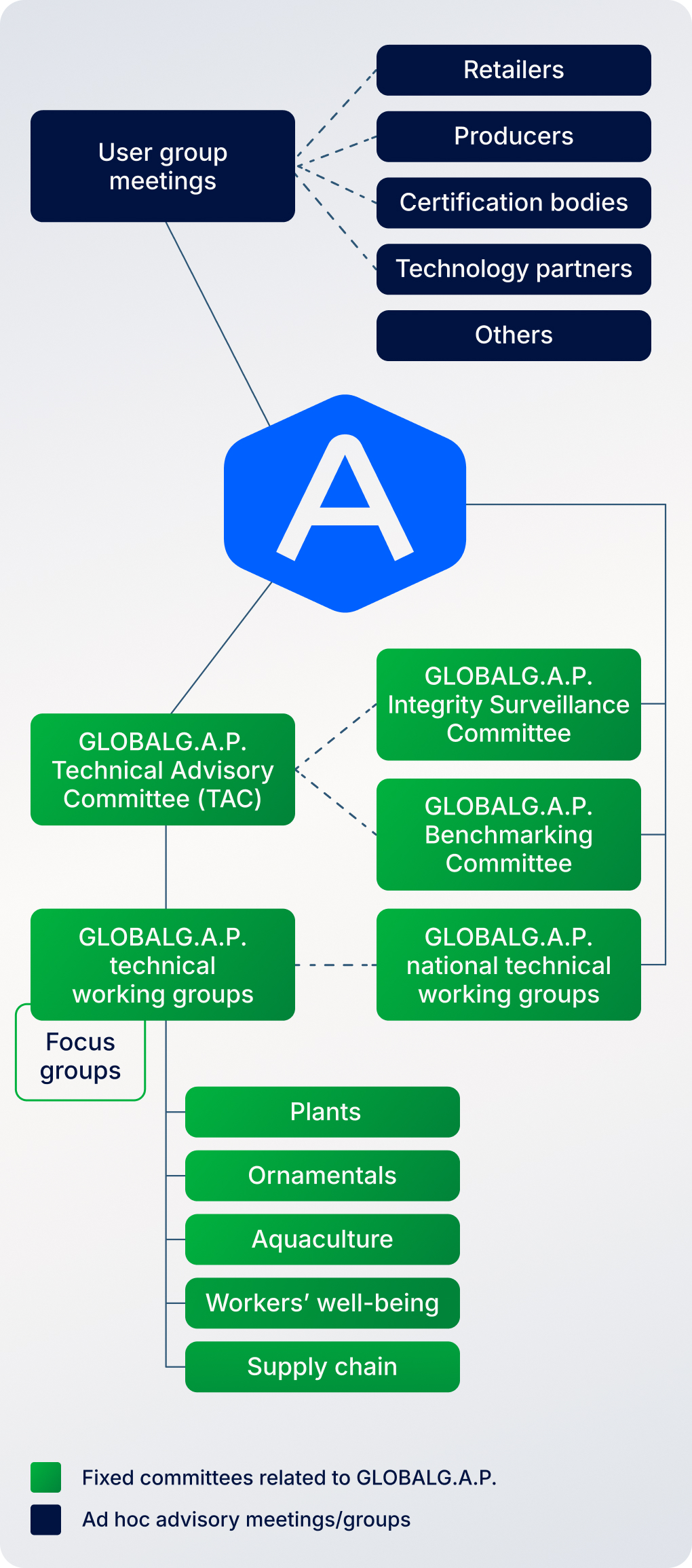 Flowchart illustrating the structure of GLOBALG.A.P. committees and meetings, including user group meetings, advisory groups, technical working groups, and their focus areas