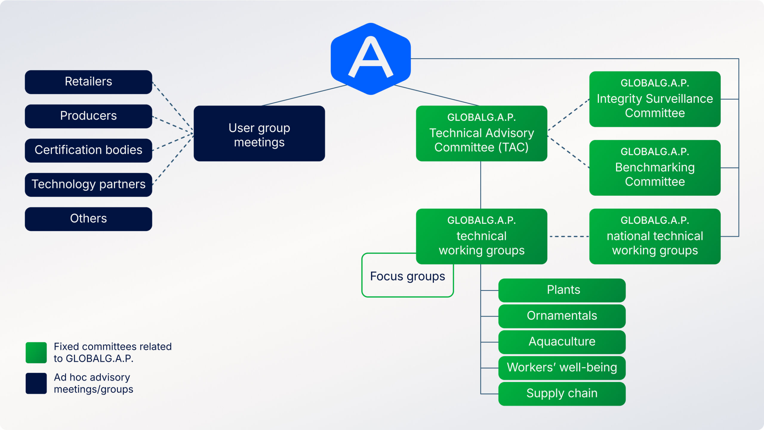Flowchart showing the structure of GLOBALG.A.P. user group meetings and related committees, including advisory, benchmarking, technical working groups, and their focus areas