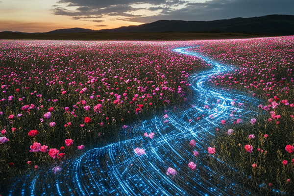 A field of pink flowers at sunset with a glowing, blue, digital-looking path winding through the flowers.