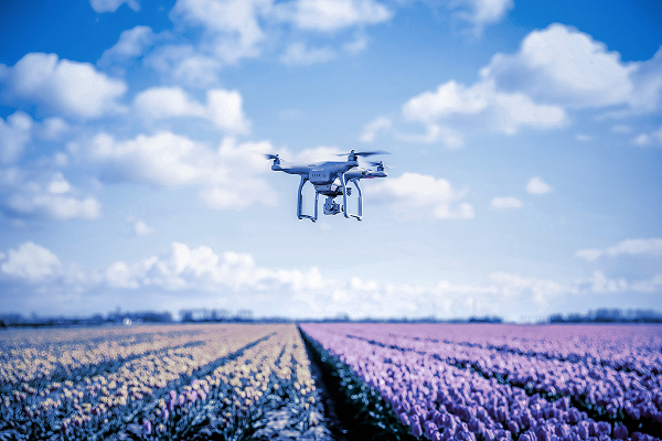 A white drone hovers above a field of blooming flowers under a blue sky with clouds.