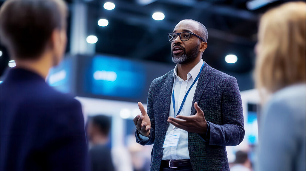 A man with glasses and a badge speaks to two people at an indoor event or conference, with a blurred background of lights and screens.
