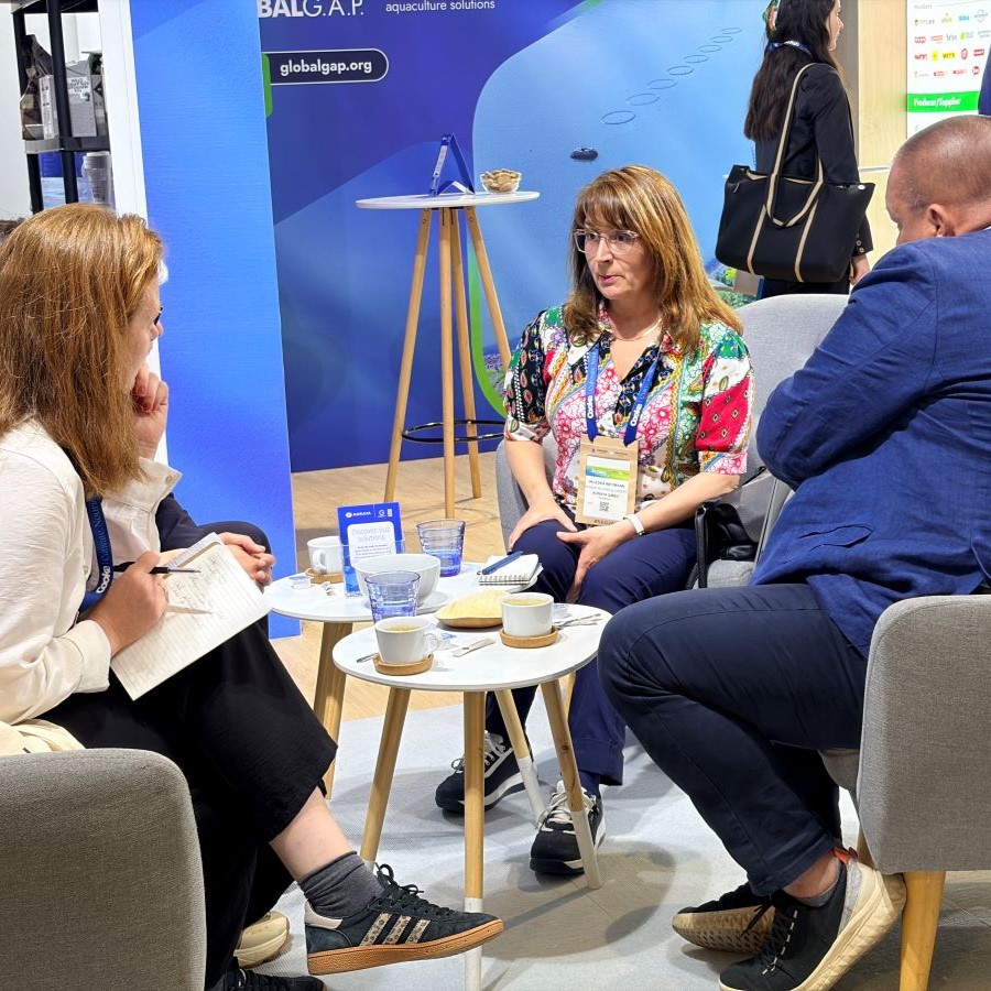 Meeting with stakeholders at the Agraya booth at Seafood Expo Global in Barcelona, Spain, April 2026.