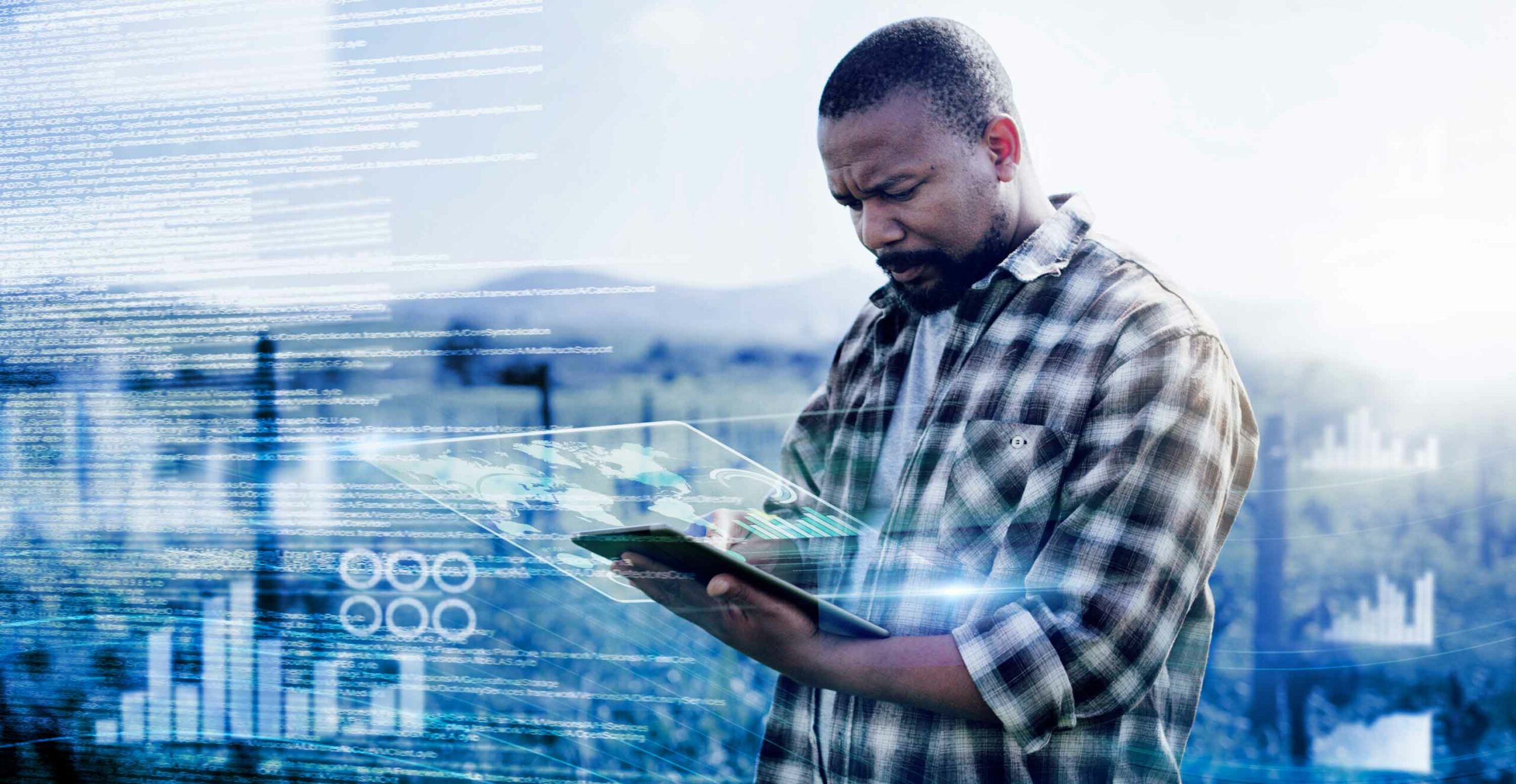 A man holding a tablet with a representation of data hovering around him