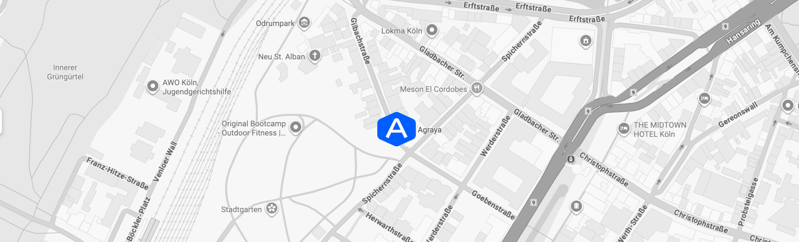Black-and-white map highlighting a location near Gladbacher Straße and Spichernstraße in Köln, featuring a blue "A" marker at the center for easy contact reference.
