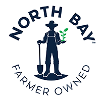 North Bay Produce Logo, showing a farmer with a shovel in one hand and a plant in the other